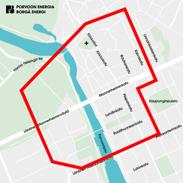A map of a city centre with a red line showing a specific area.