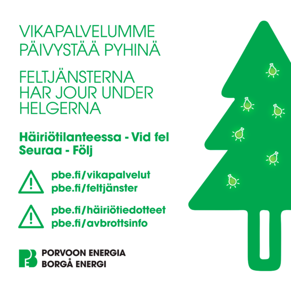 An image with an illustrated Christmas tree that explains that the energy company is on call in case of errors and outages during the holidays.