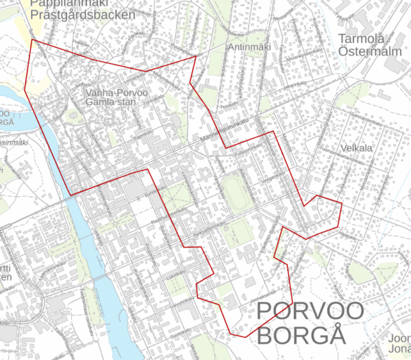 A map of the city of Porvoo and a specific area marked with a red line.