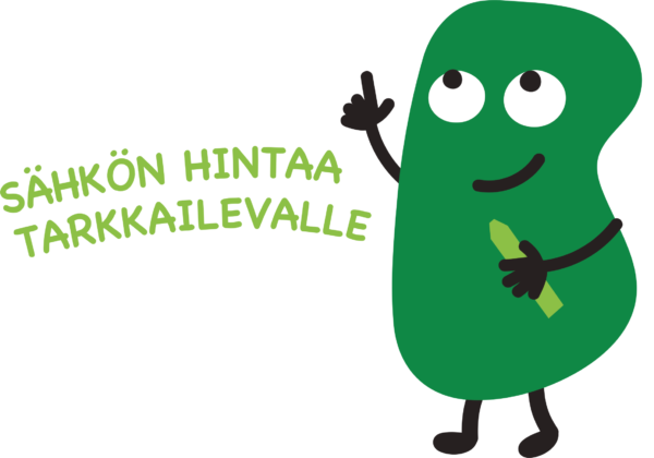 A green illustrated character and Finnish text that says "Sähkön hintaa tarkkailevalle".