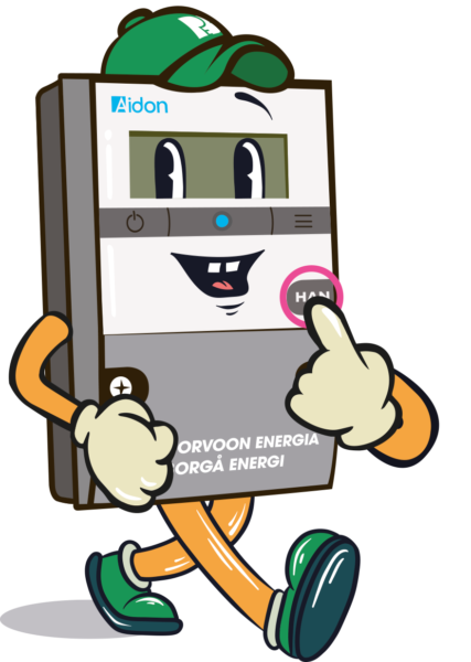 An illustrated character that looks like an electric meter walking.