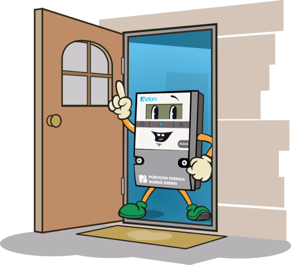 An illustrated character that looks like an electric meter stands in an open doorway.
