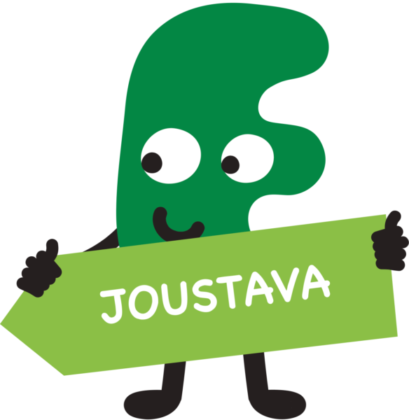 A green illustrated character holding a sign that says "Joustava" in Finnish.