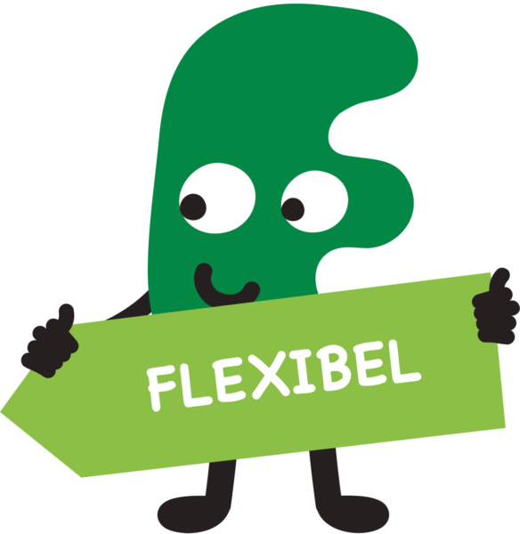 A green illustrated character holding a sign with the text "Flexibel" in Swedish.