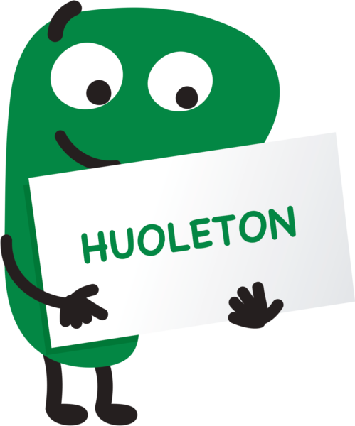 A green illustrated character holding a sign that says "Huoleton" in Finnish.