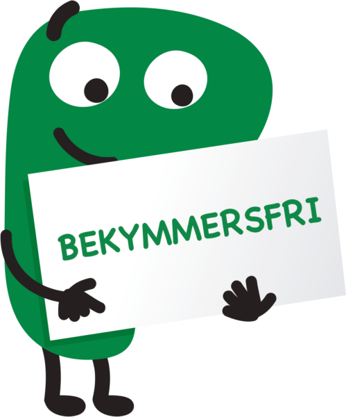 A green illustrated character holding a sign with text in Swedish saying "Bekymmersfri."