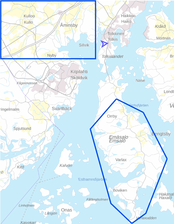 A map showing a coastal area with several islands and mainland regions. Two blue outlines highlight specific areas: one in the upper left around the villages of Kulloo, Åminsby, Nyby, and Sillvik, and another in the lower right around the island of Emäsalo (Emsalö), including Orrby, Varlax, and Boviken. The central part of the map displays Tolkkinen (Tolkis) and surrounding waterways.